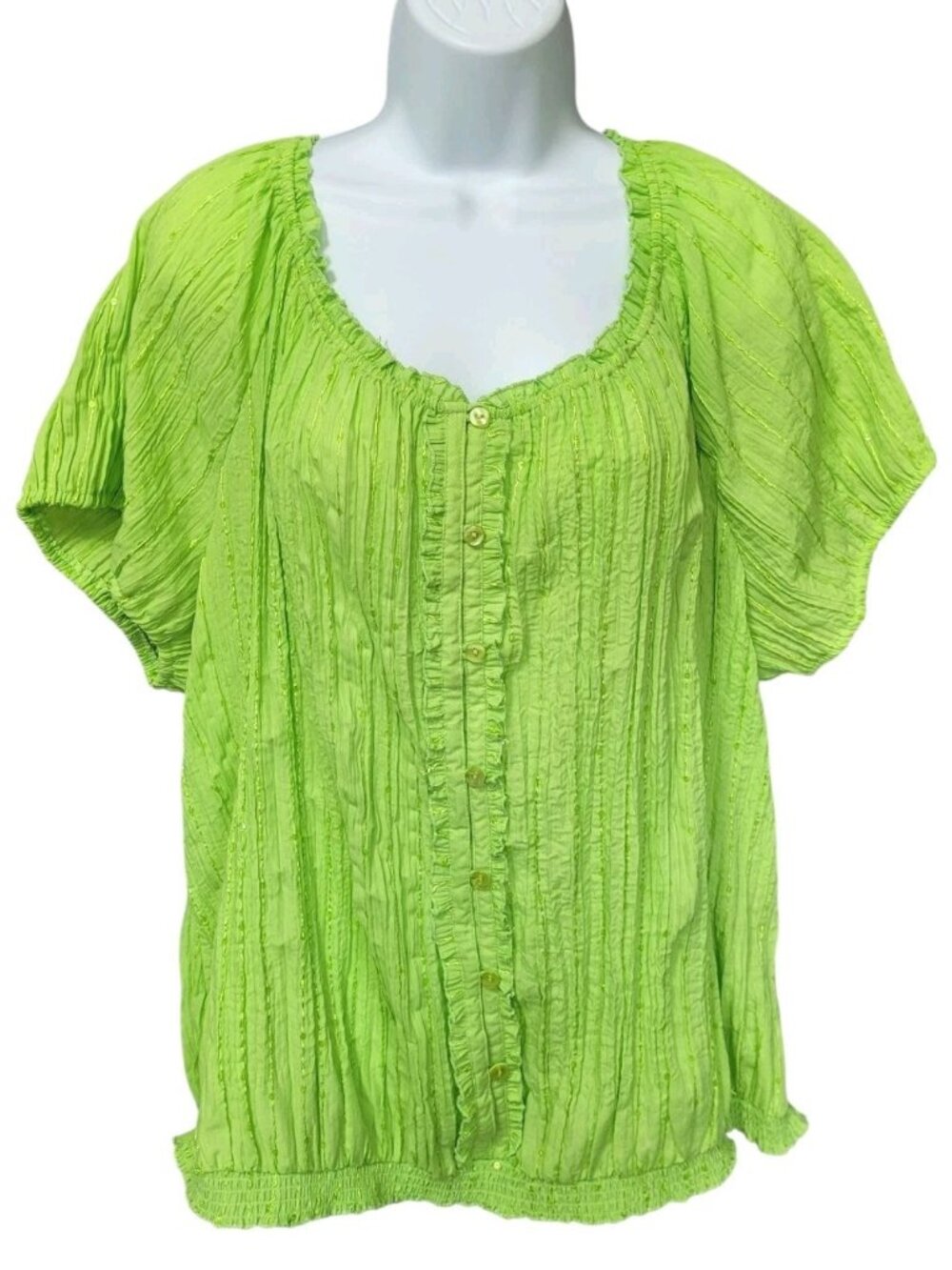 Cato Peasant Top 26/28 Green Crinkle Short Sleeve Sequin Boho Plus Size